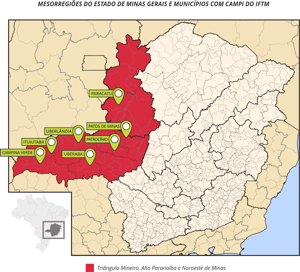 Mapa da região de abrangência do IFTM: Triângulo Mineiro, Alto Paranaíba e Noroeste de Minas Gerais. 